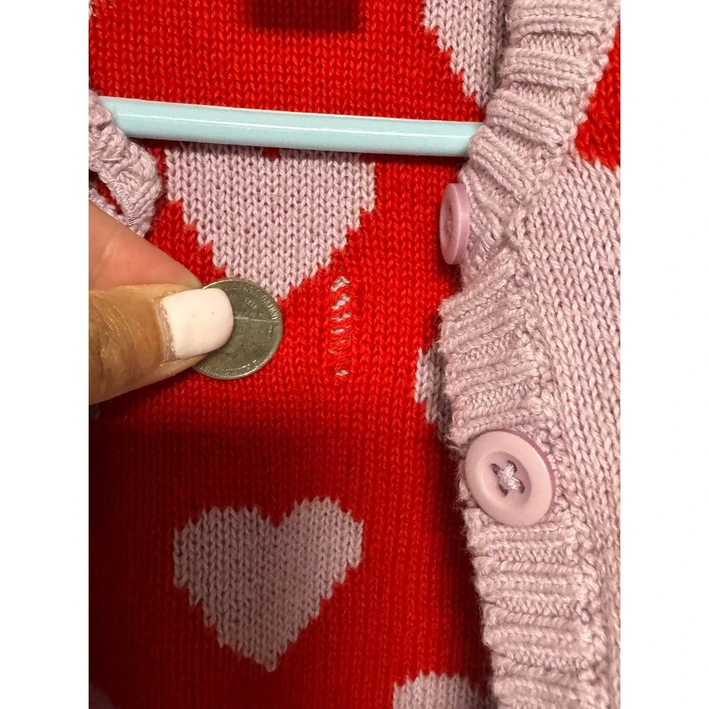 Hanna Andersson Pink Red Heart Cotton Cardigan Sweater 6-12 Month 70cm Valentine